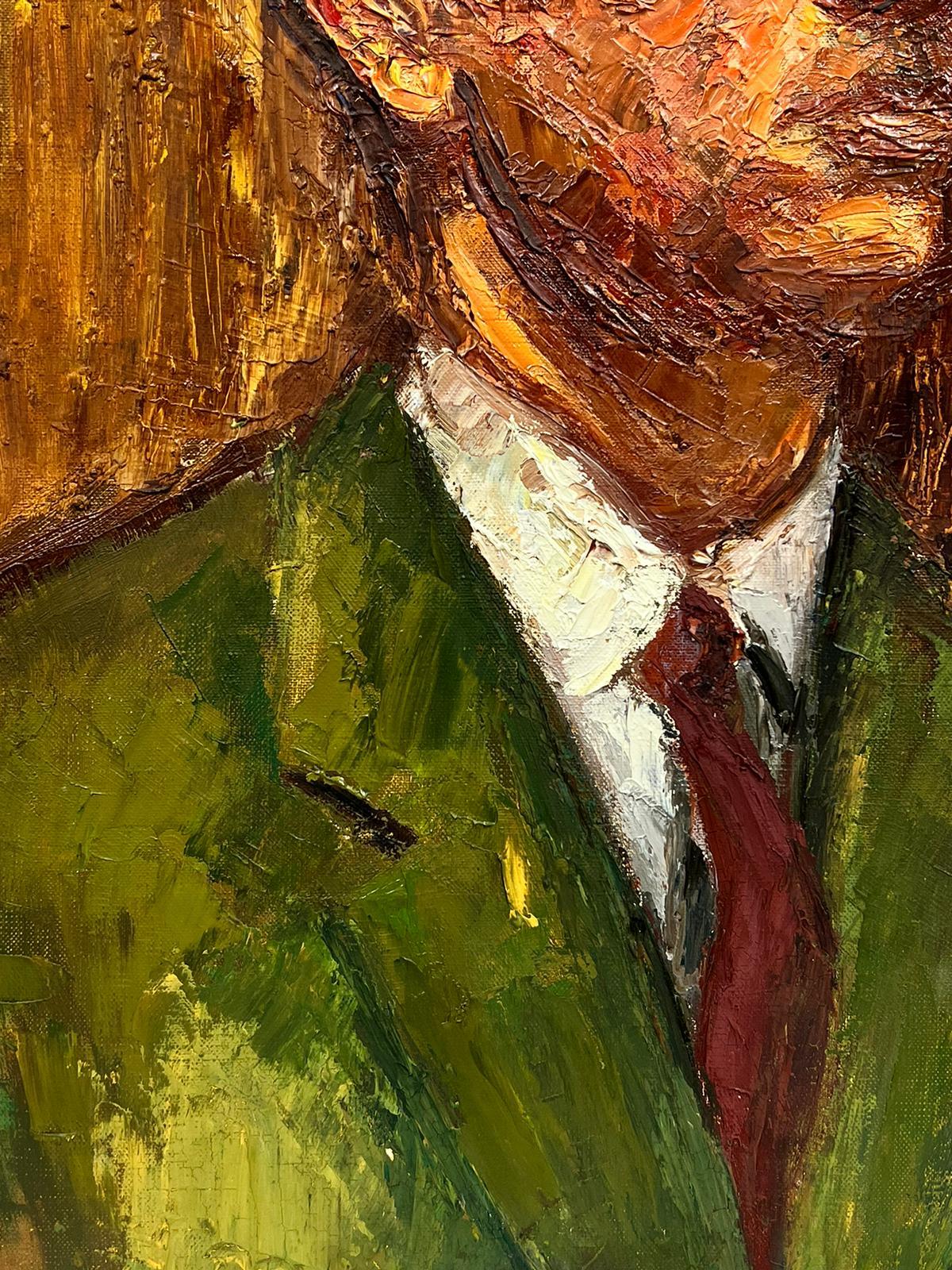 Mid Century French Post Impressionist Oil on Canvas Portrait Man in Green Jacket - Post-Impressionist Painting by Josine Vignon