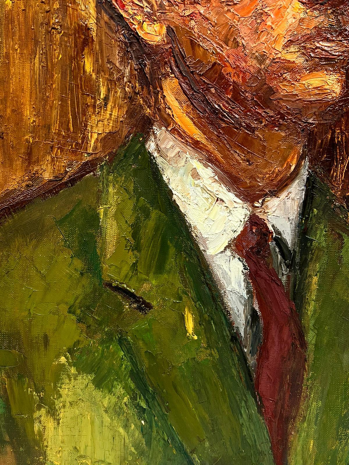 Französisches postimpressionistisches Porträt eines Mannes in grüner Jacke, Öl auf Leinwand, Mitte des Jahrhunderts (Braun), Figurative Painting, von Josine Vignon