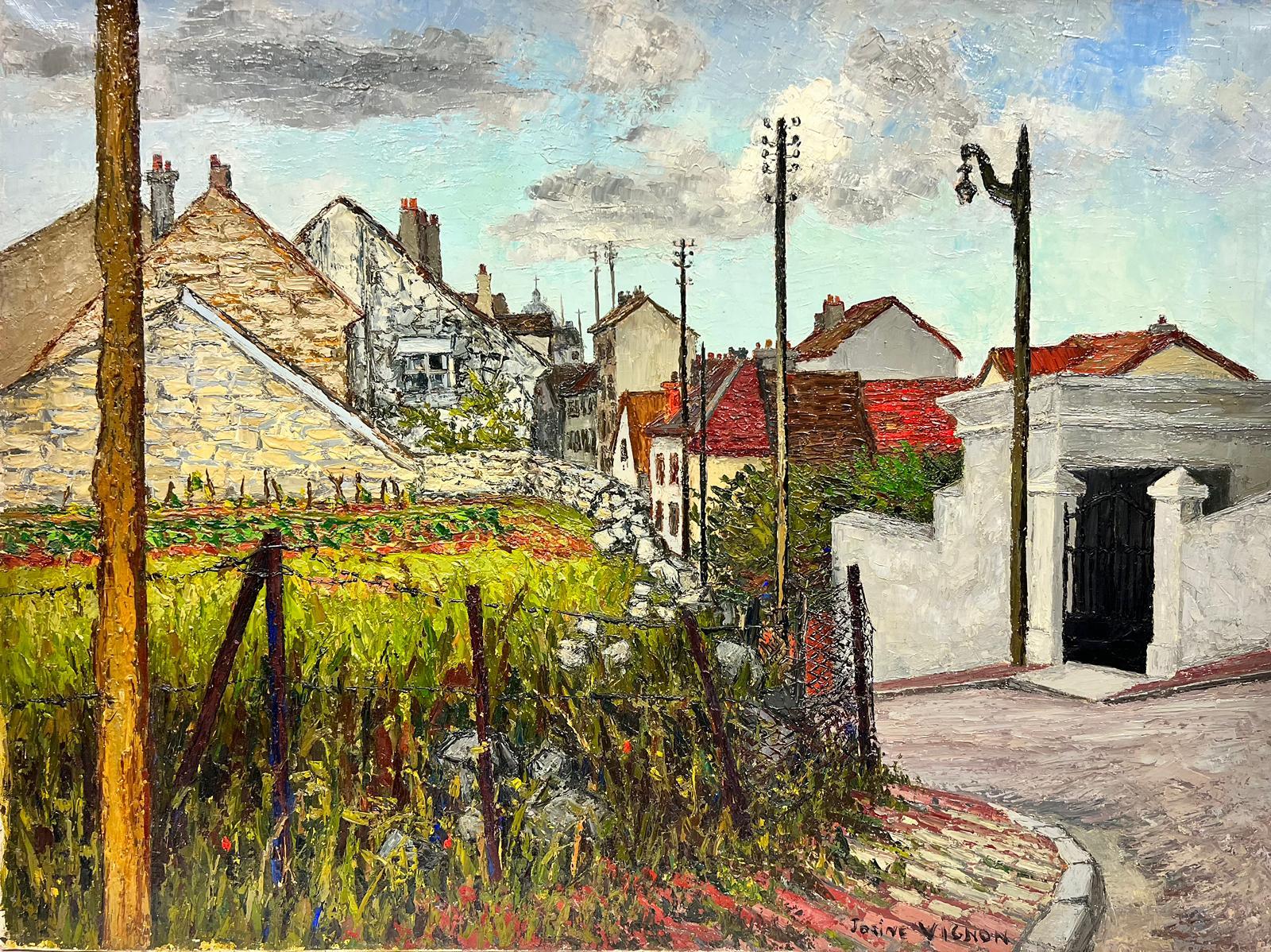 Landscape Painting Josine Vignon - Scène de rue rurale française à l'huile post-impressionniste du milieu du siècle dernier