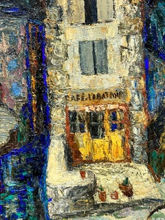 Mid Century French Post-Impressionist Signed Oil French Cafe Riverside Street