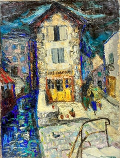 Mid Century French Post-Impressionist Signed Oil French Cafe Riverside Street