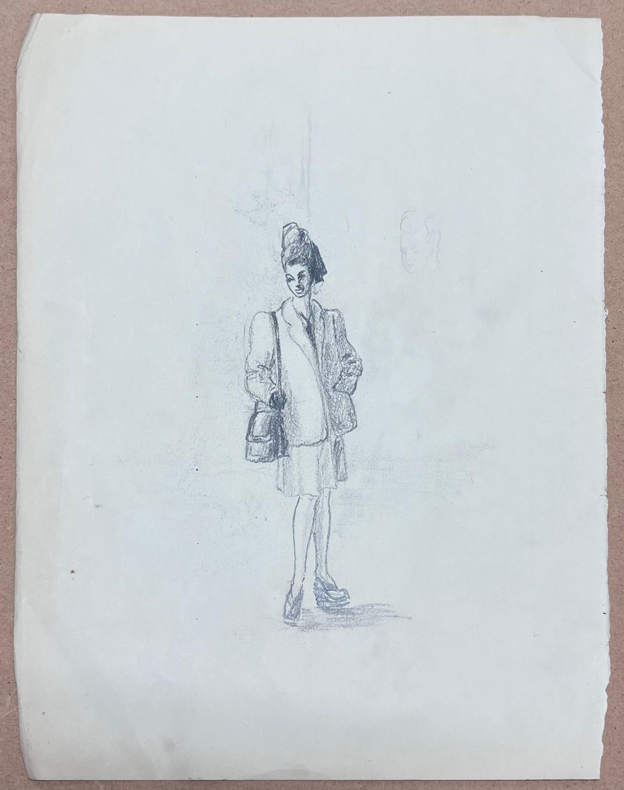 Mid Century Französisch Skizze eines modischen Chic Posed Lady – Painting von Josine Vignon