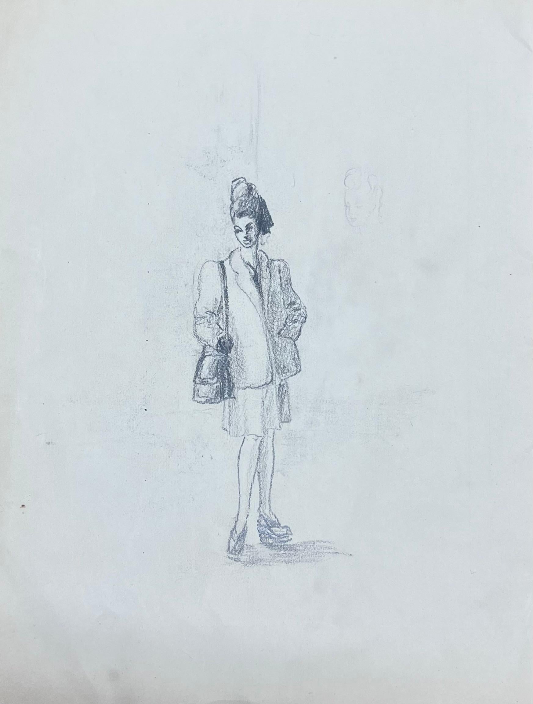 Mid Century Französisch Skizze eines modischen Chic Posed Lady (Post-Impressionismus), Painting, von Josine Vignon