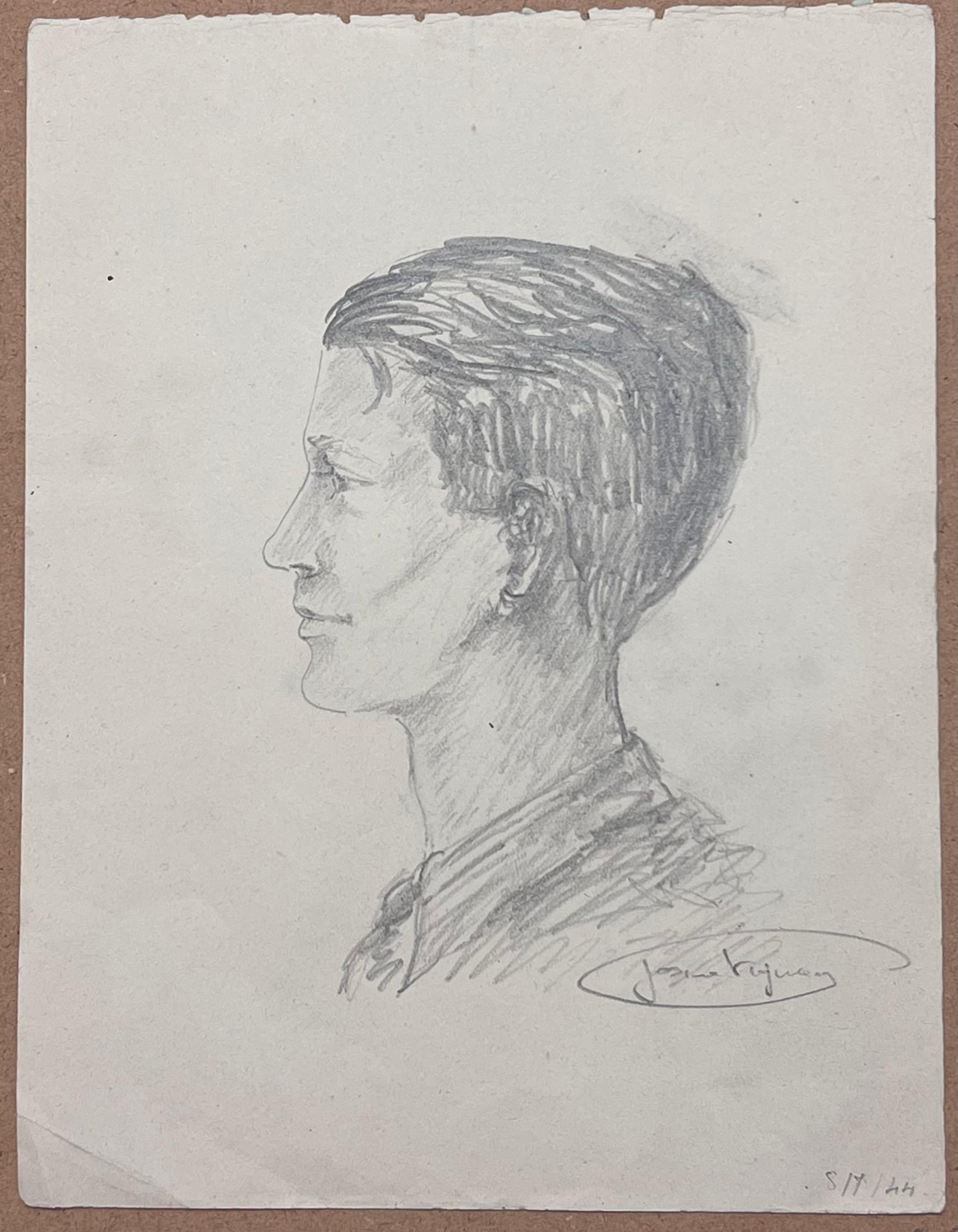Mid Century French Sketch of a Side Profile of a Expressive Young Man - Art by Josine Vignon