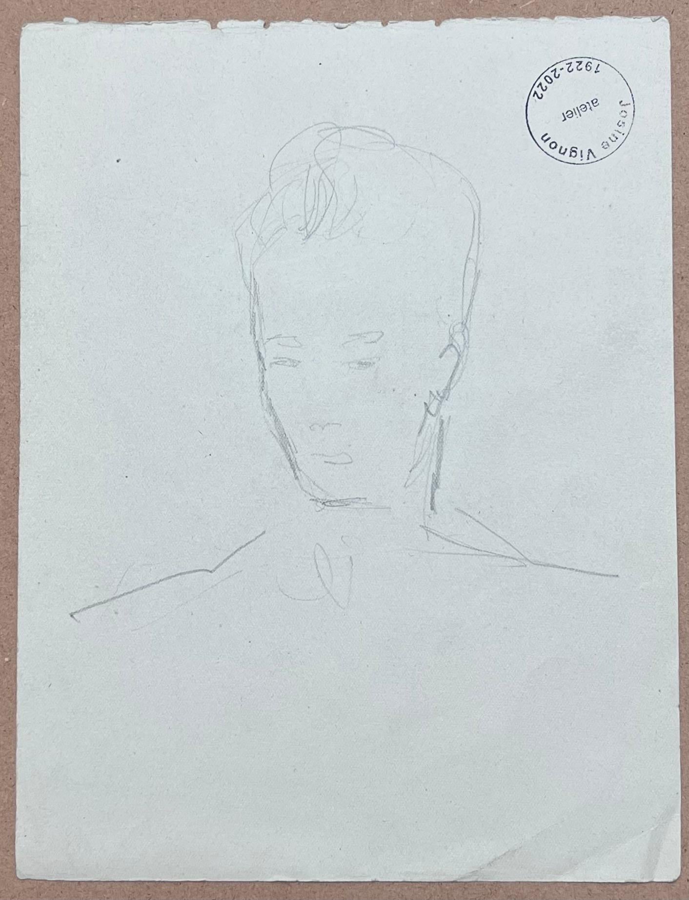 Mid Century French Sketch of a Side Profile of a Expressive Young Man - Post-Impressionist Art by Josine Vignon