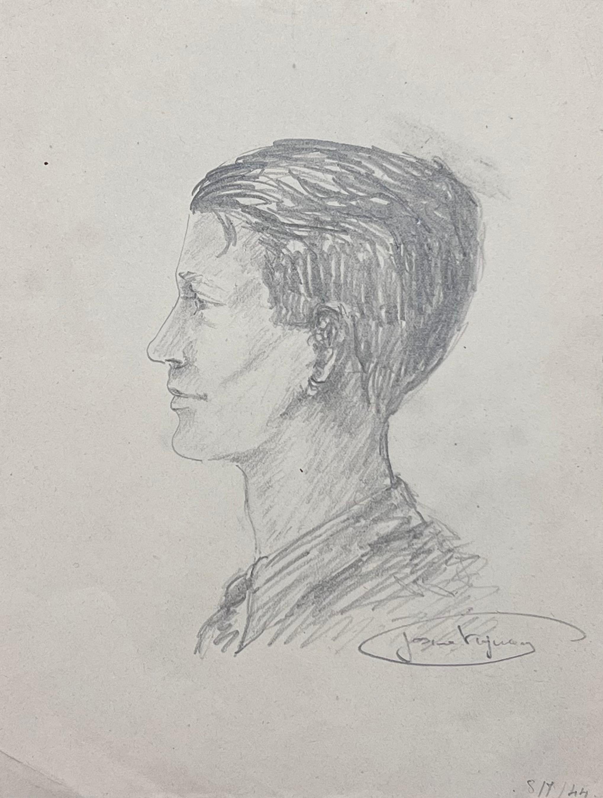 Josine Vignon Figurative Art - Mid Century French Sketch of a Side Profile of a Expressive Young Man