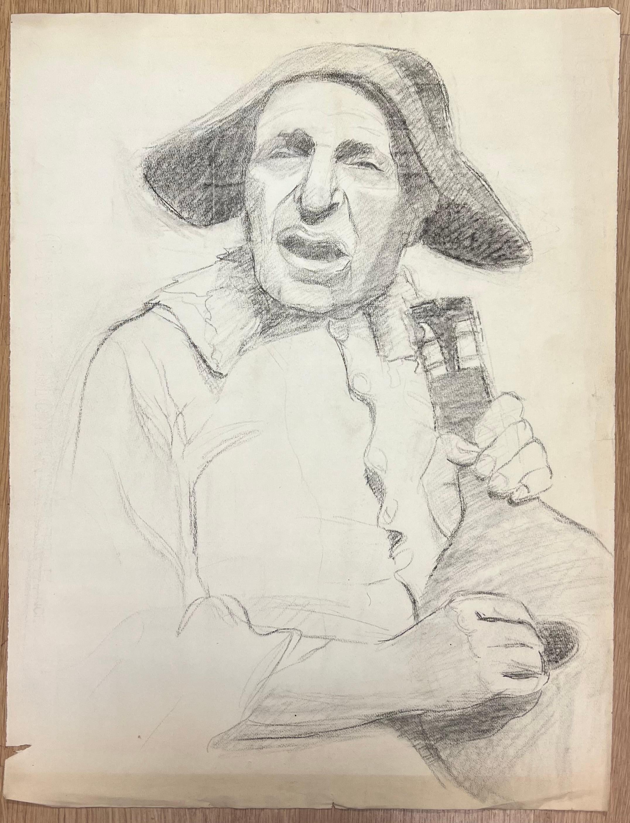 Mid Century French Sketch of a Singing Figure with a Broad Brimmed Hat - Art by Josine Vignon