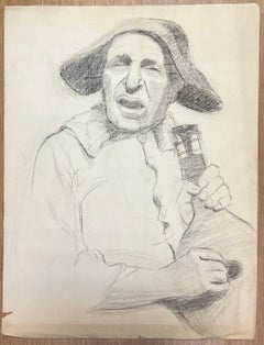 Mid Century French Sketch of a Singing Figure with a Broad Brimmed Hat