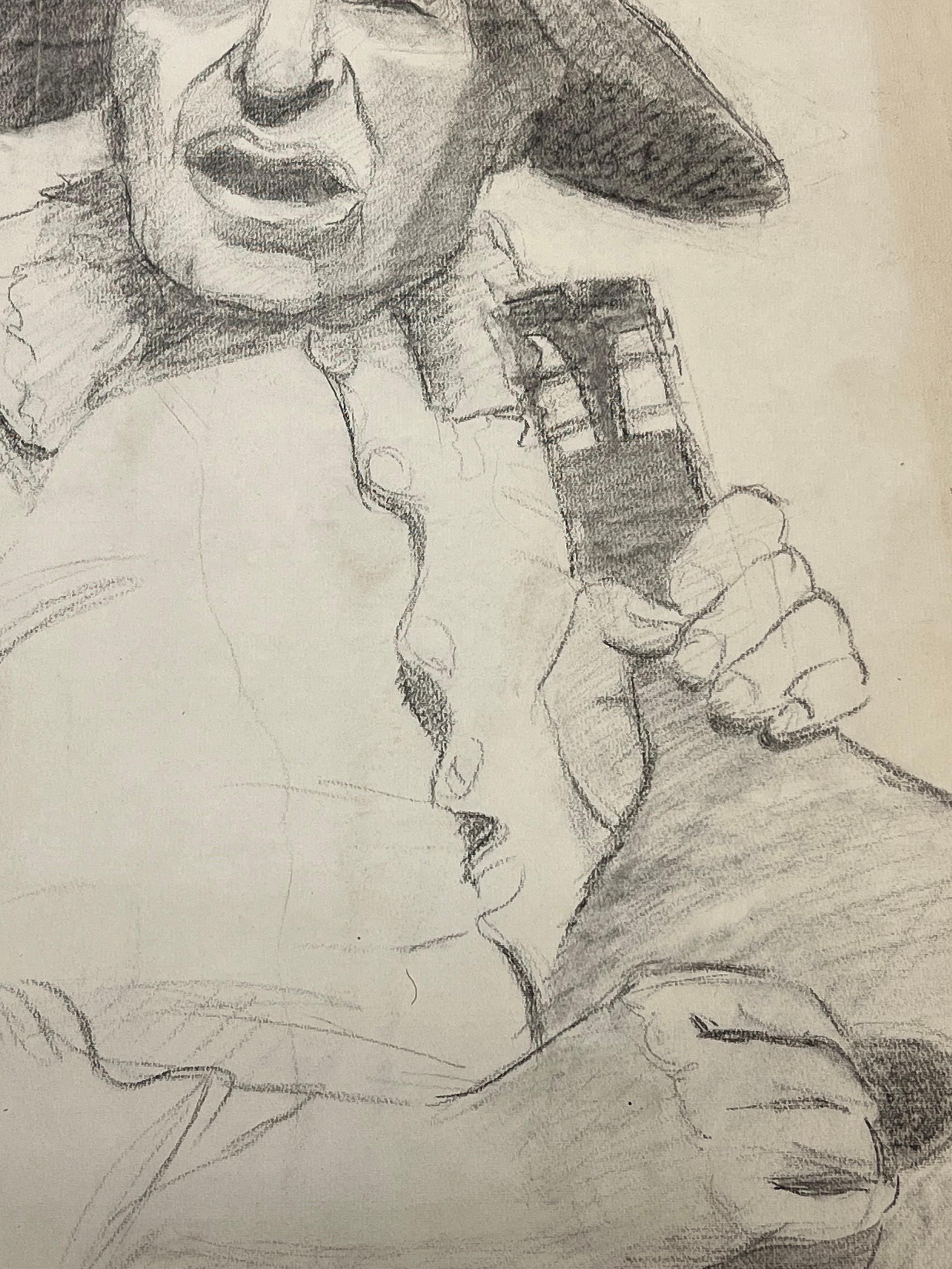 Mid Century French Sketch of a Singing Figure with a Broad Brimmed Hat - Post-Impressionist Art by Josine Vignon