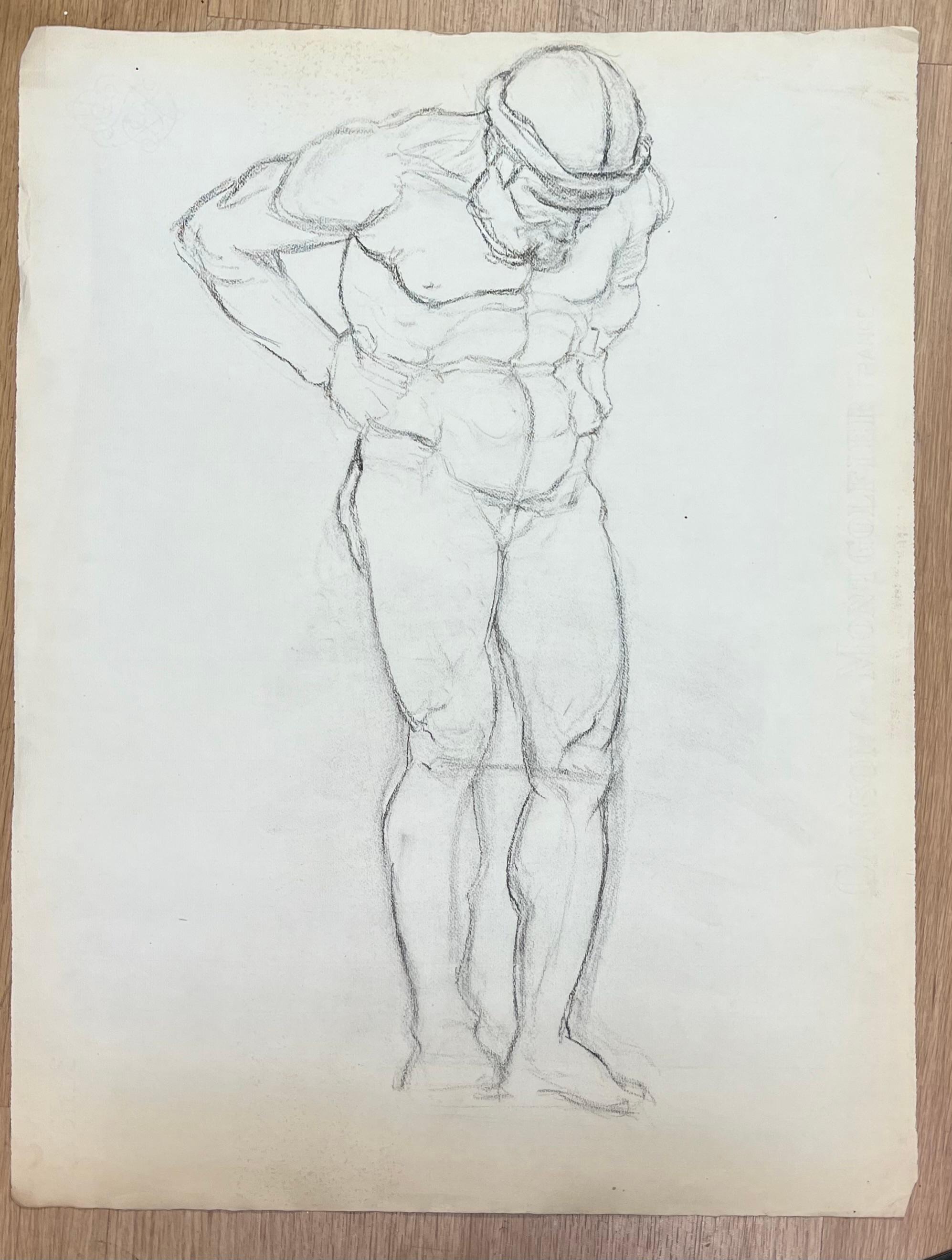 Mid Century Französisch Skizze einer stehenden männlichen Figur – Art von Josine Vignon