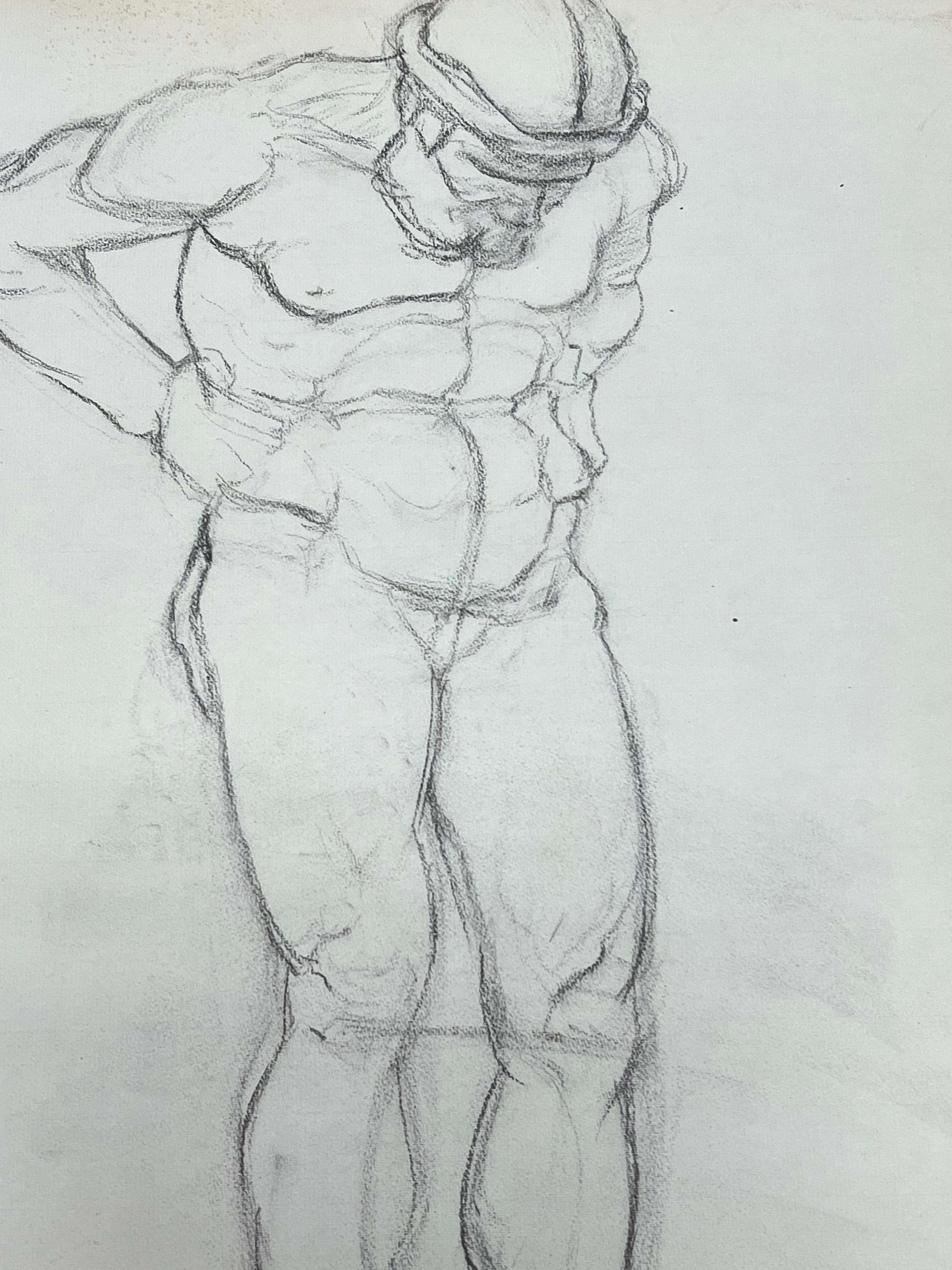 Mid Century Französisch Skizze einer stehenden männlichen Figur (Grau), Nude, von Josine Vignon