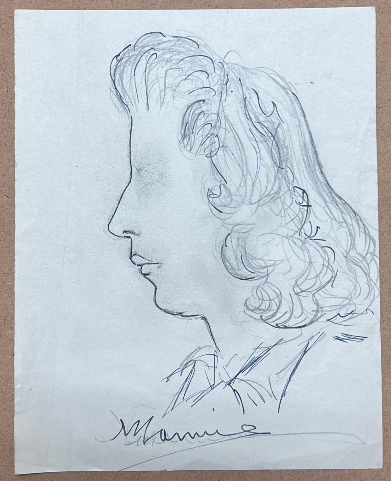 Französische Skizze einer Frau aus der Mitte des Jahrhunderts in Profil mit elegantem, schwebendem Haar – Painting von Josine Vignon