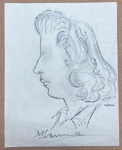 Mid Century French Sketch of a Woman in Profile with Elegant Flowing Hair