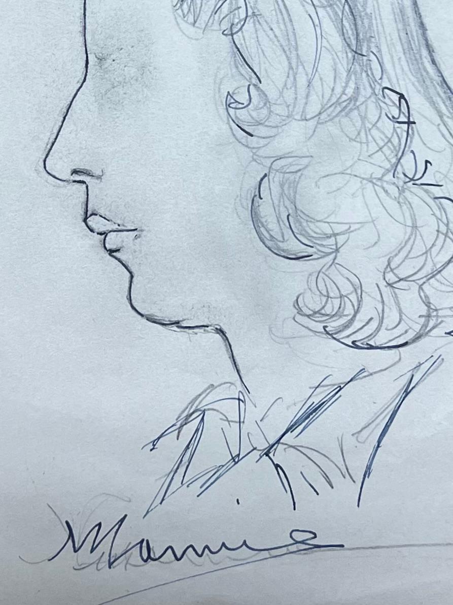 Französische Skizze einer Frau aus der Mitte des Jahrhunderts in Profil mit elegantem, schwebendem Haar (Post-Impressionismus), Painting, von Josine Vignon
