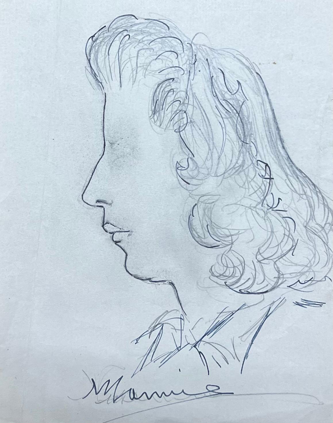 Josine Vignon Figurative Painting – Französische Skizze einer Frau aus der Mitte des Jahrhunderts in Profil mit elegantem, schwebendem Haar