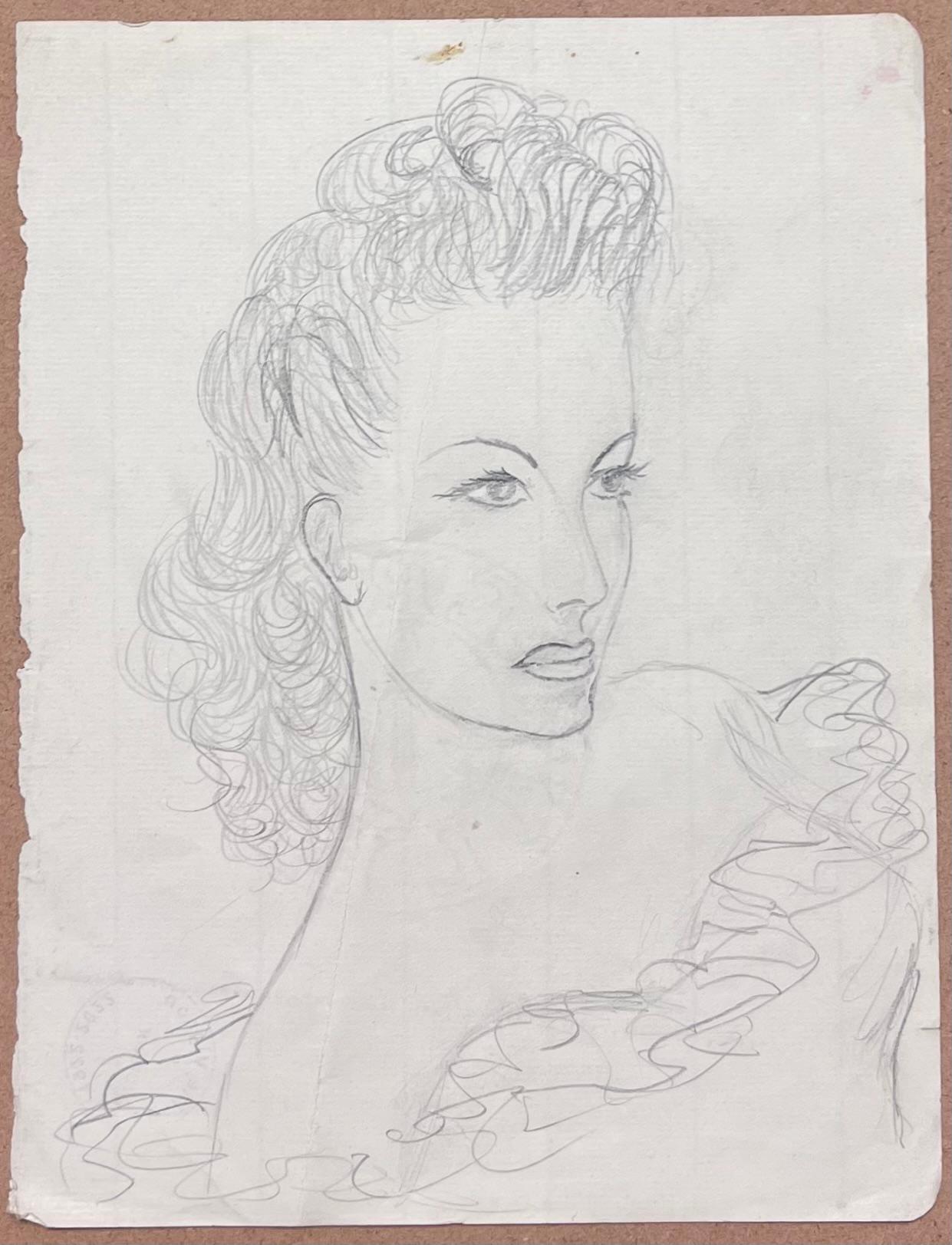 Französische stilvolle Dame in einer schulterfreien Frilly-Top-Bleistiftskizze aus der Mitte des Jahrhunderts – Painting von Josine Vignon