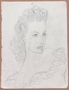Mid Century French Stylish Lady in an Off The Shoulder Frilly Top Pencil Sketch