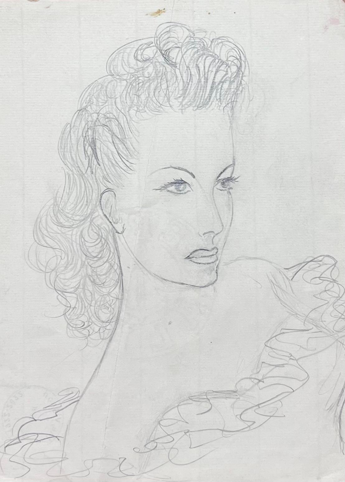 Französische stilvolle Dame in einer schulterfreien Frilly-Top-Bleistiftskizze aus der Mitte des Jahrhunderts (Post-Impressionismus), Painting, von Josine Vignon