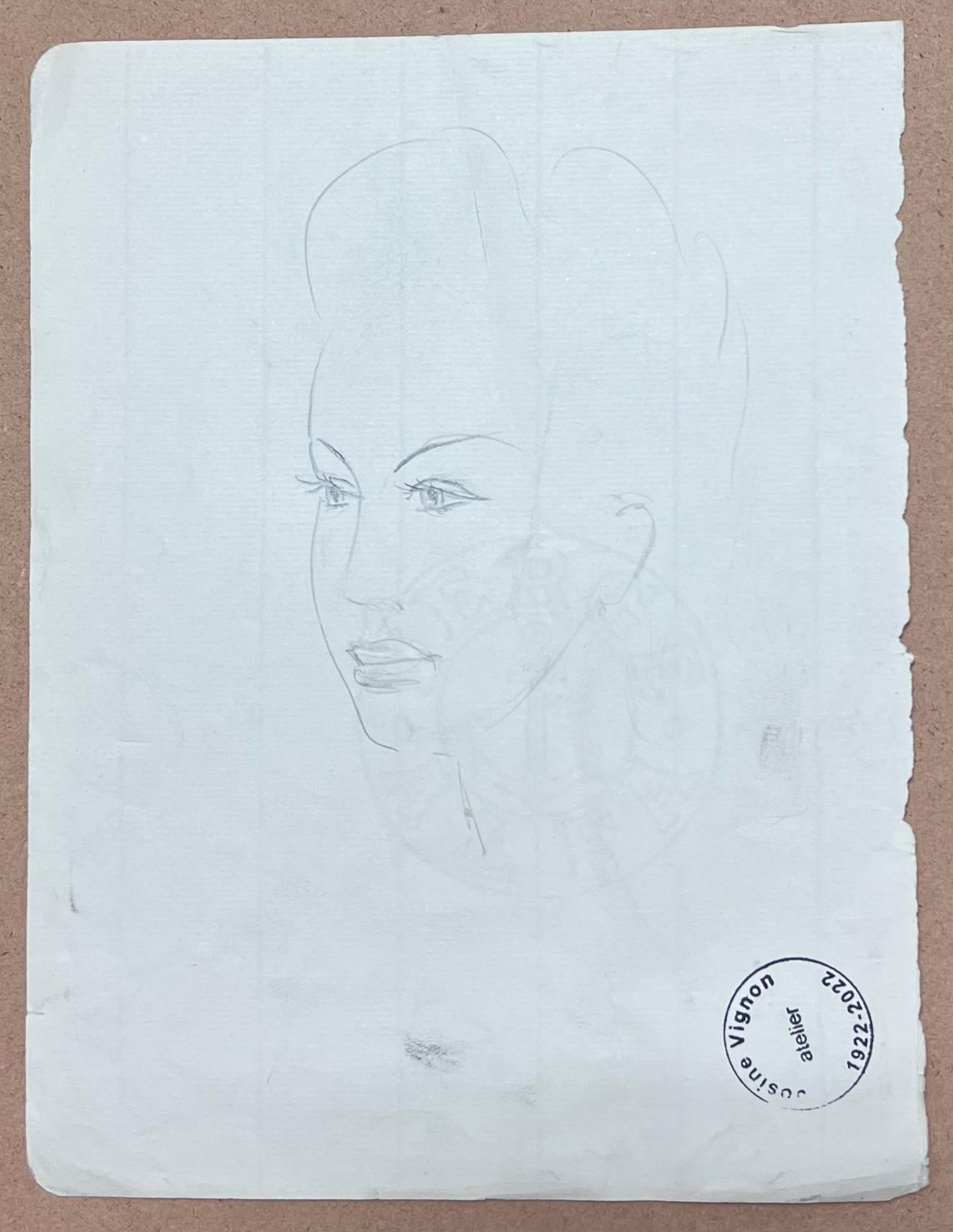 Französische stilvolle Dame in einer schulterfreien Frilly-Top-Bleistiftskizze aus der Mitte des Jahrhunderts (Grau), Figurative Painting, von Josine Vignon