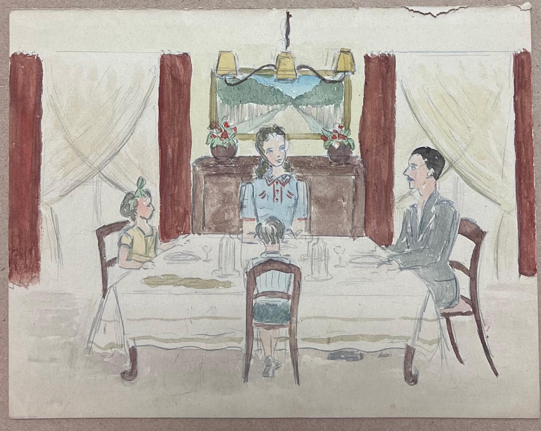 Table familiale de soirée française du milieu du siècle dernier - Painting de Josine Vignon