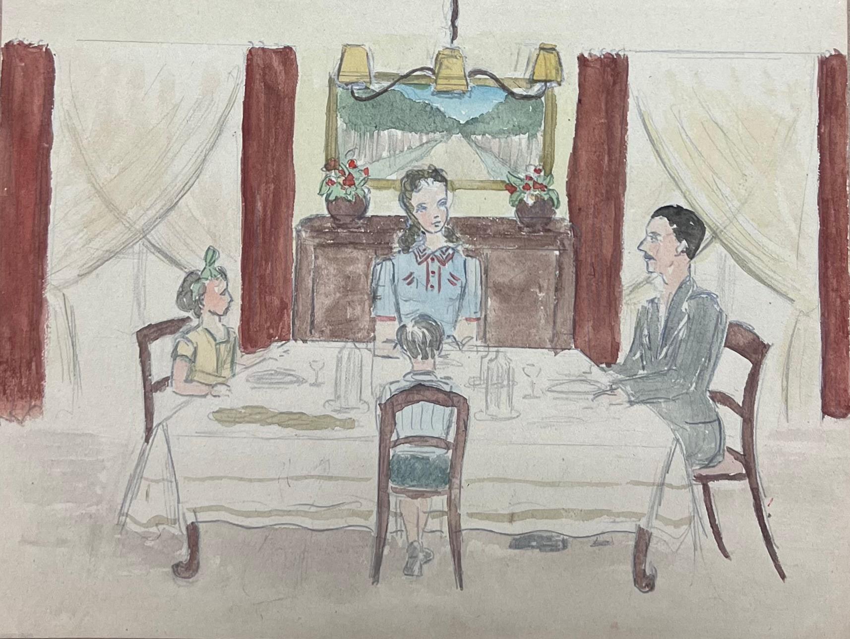 Mid Century French Watercolour Evening at the Family Table