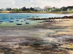 Mid Century French Watercolour Scattered Boats In Blue Sea Landscape