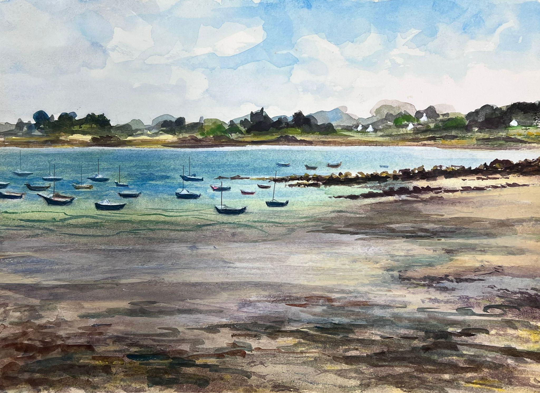 Josine Vignon Landscape Art - Mid Century French Watercolour Scattered Boats In Blue Sea Landscape 