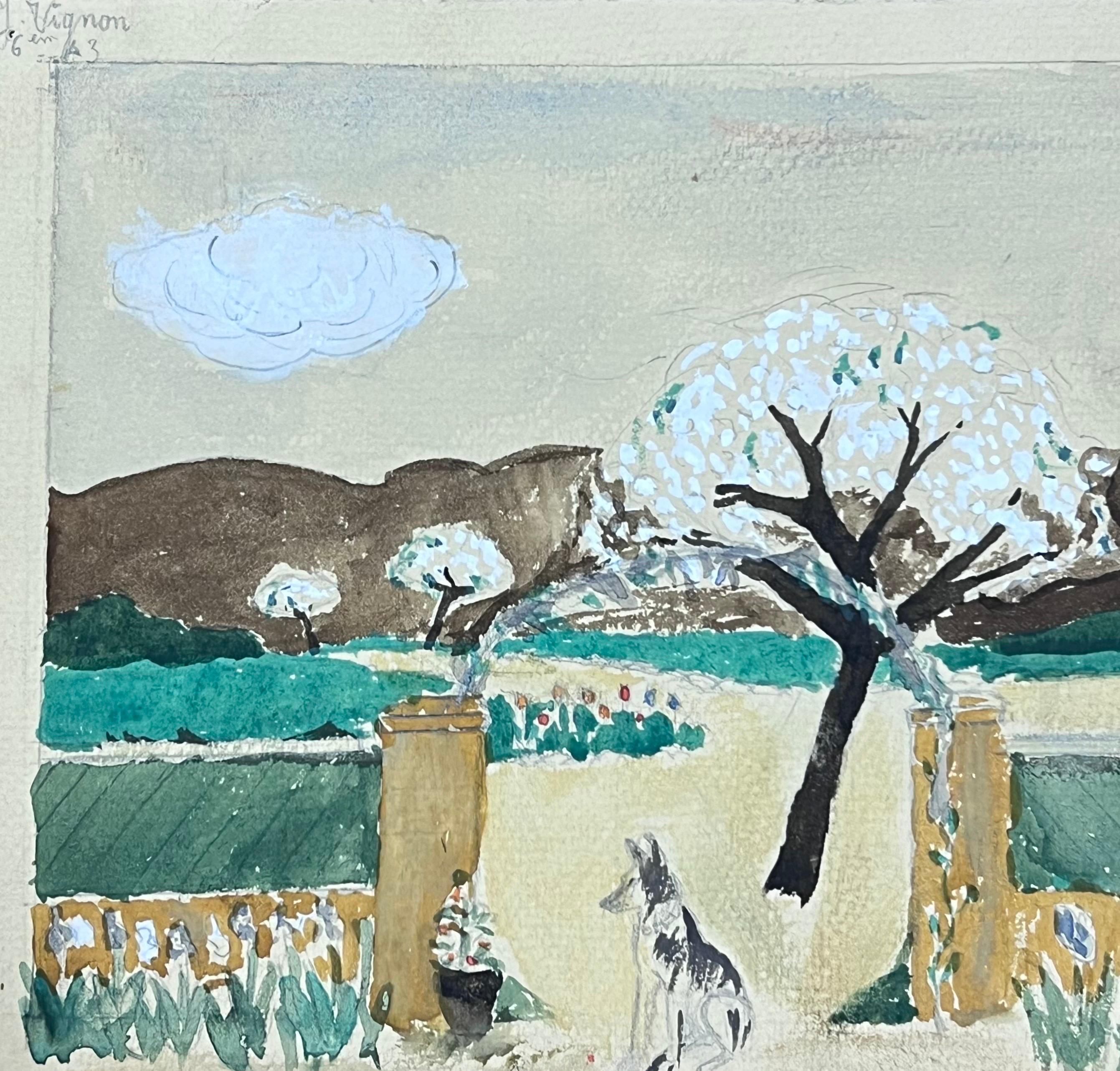 Mid Century French Watercolour Walled Garden Blossom Tree Landscape  - Painting by Josine Vignon