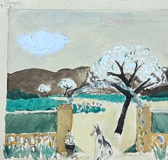 Acuarela Francesa de Mediados de Siglo Jardín Amurallado Paisaje de Árboles en Flor