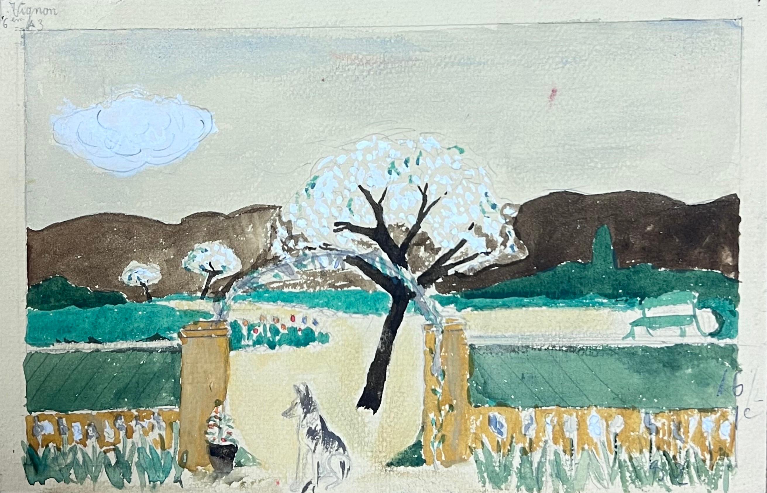 Josine Vignon Still-Life Painting - Mid Century French Watercolour Walled Garden Blossom Tree Landscape 
