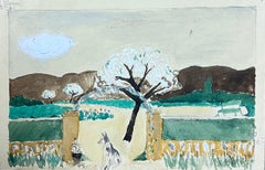 Französische Aquarell-Wandmalerei-Garten-Blumen-Baum-Landschaft, Mid-Century 