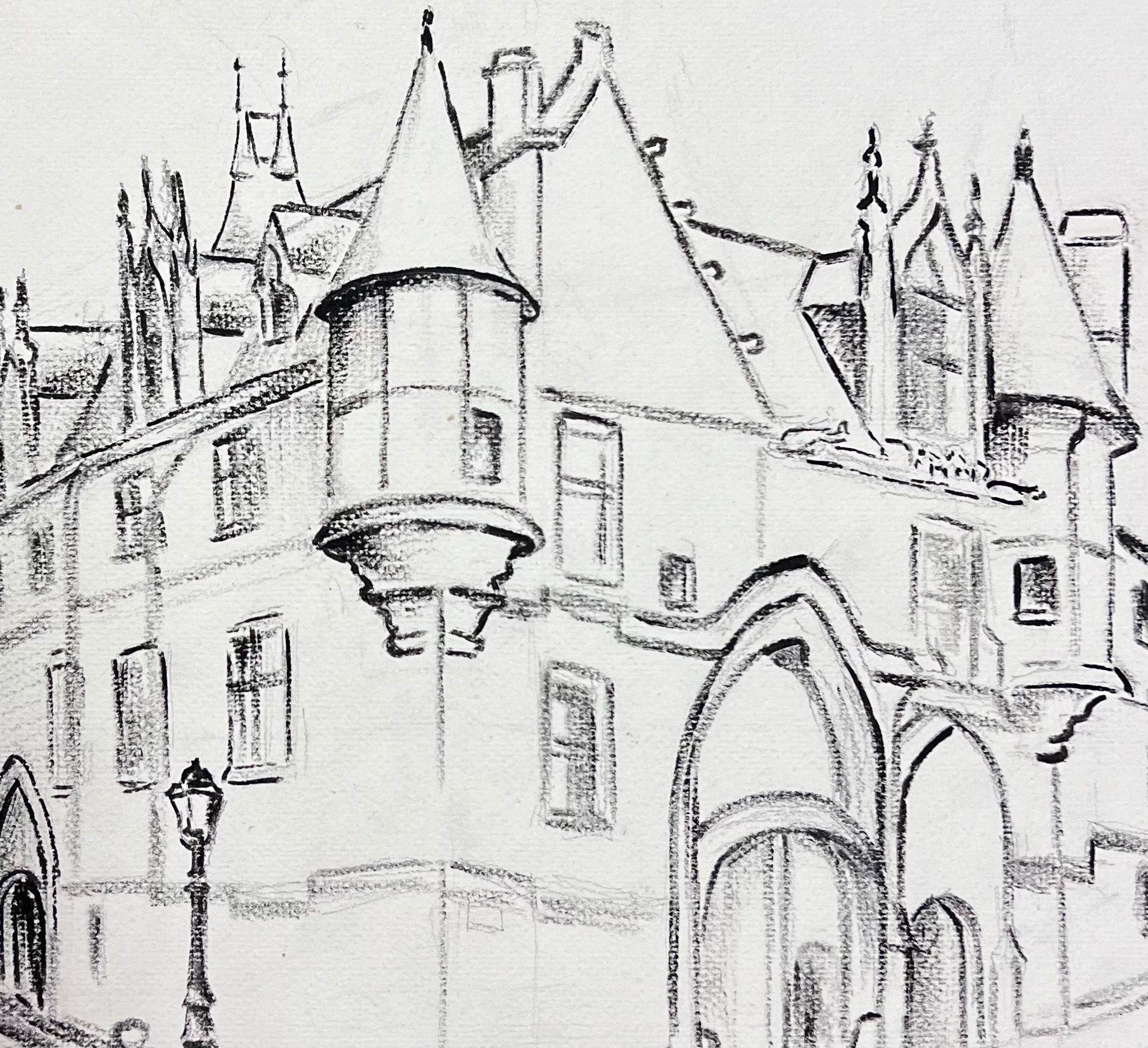Mid Century Illustration Town Corner Of The French Village - Gray Landscape Painting by Josine Vignon