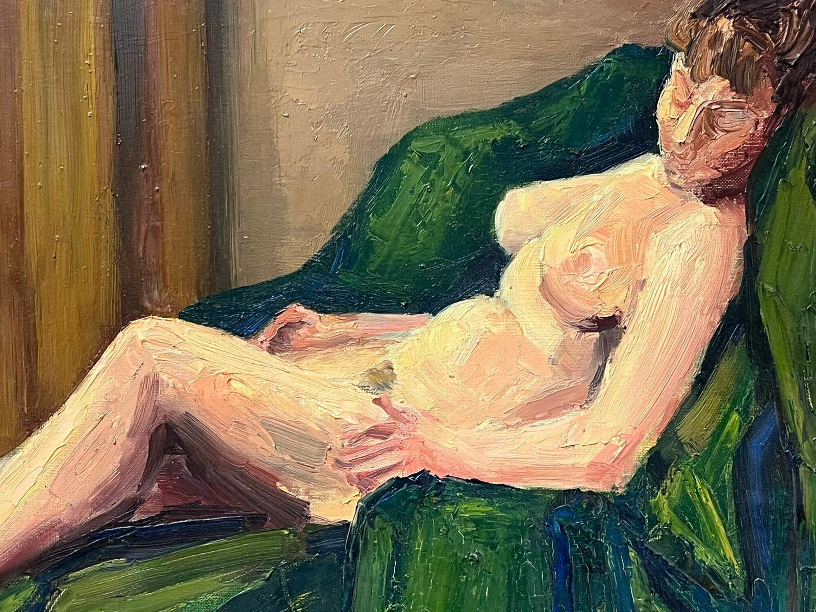 Nude Model Reclining on Green Sofa 1950's French Post Impressionist Signed Oil - Painting by Josine Vignon