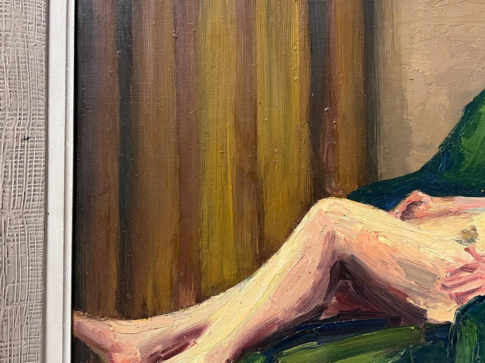 Nude Model Reclining on Green Sofa 1950's French Post Impressionist Signed Oil For Sale 1
