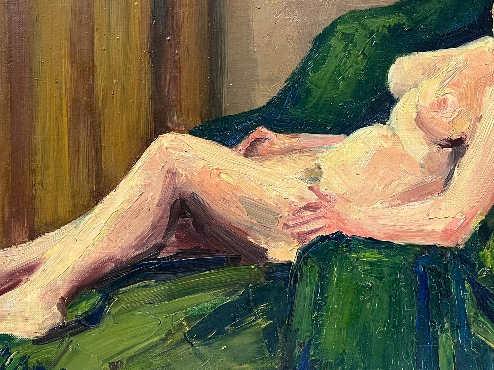 Nude Model Reclining on Green Sofa 1950's French Post Impressionist Signed Oil For Sale 3