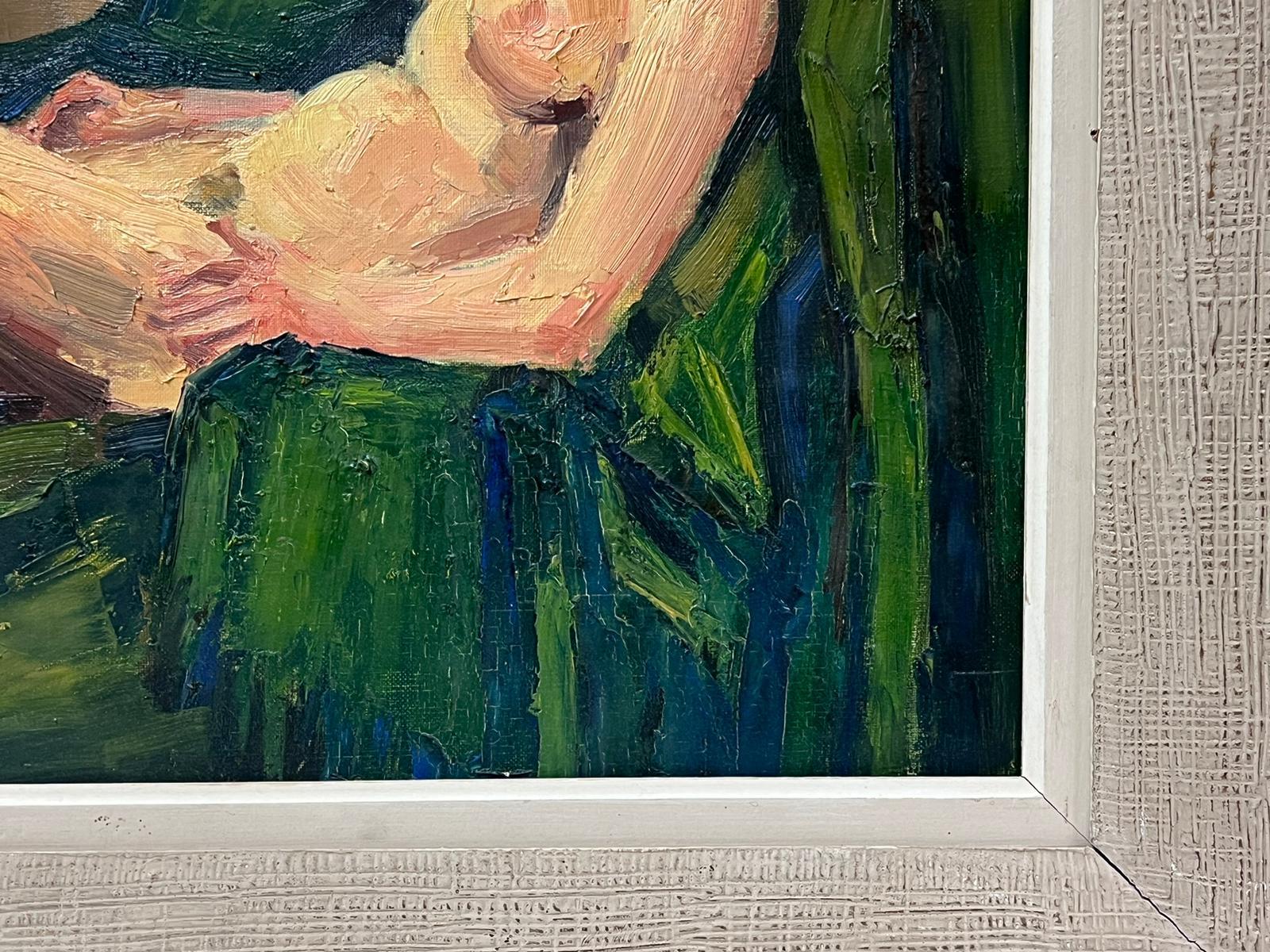 Nude Model Reclining on Green Sofa 1950's French Post Impressionist Signed Oil For Sale 4