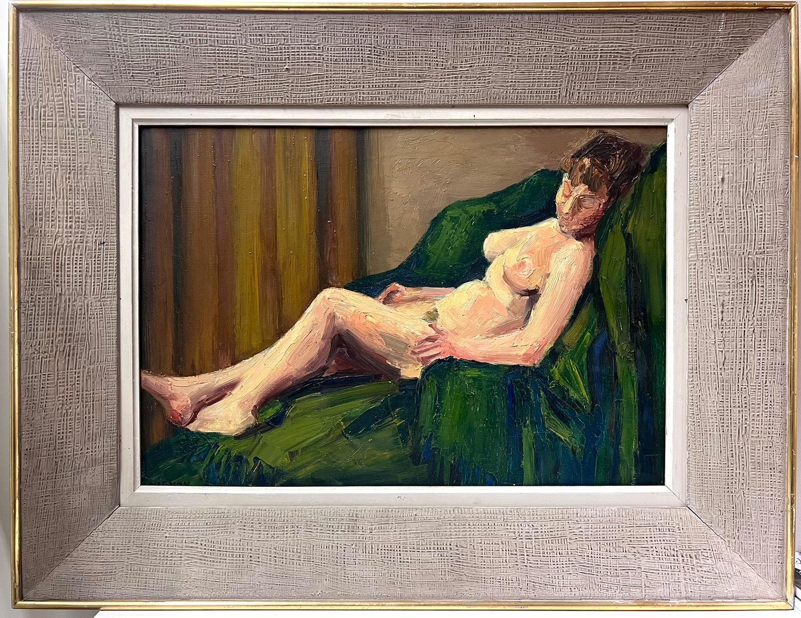 Nude Painting Josine Vignon - Modèle nu couché sur un canapé vert post-impressionniste français des années 1950, signé