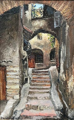 Città vecchia della Provenza: passi di pietra e strade secondarie Pittura ad olio francese degli anni '60