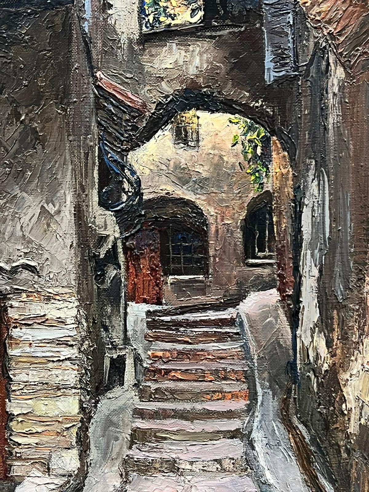 Old Town Provence Stone Steps Back Streets 1960’s French Oil Painting  For Sale 1