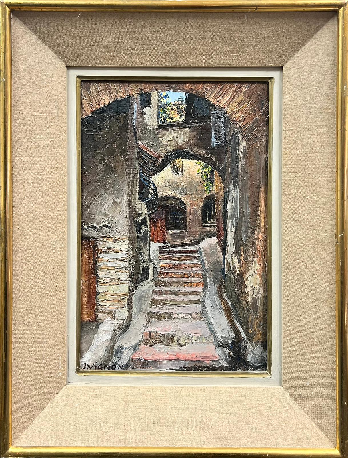 Josine Vignon Landscape Painting - Old Town Provence Stone Steps Back Streets 1960’s French Oil Painting