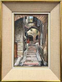Vintage Old Town Provence Stone Steps Back Streets 1960’s French Oil Painting 