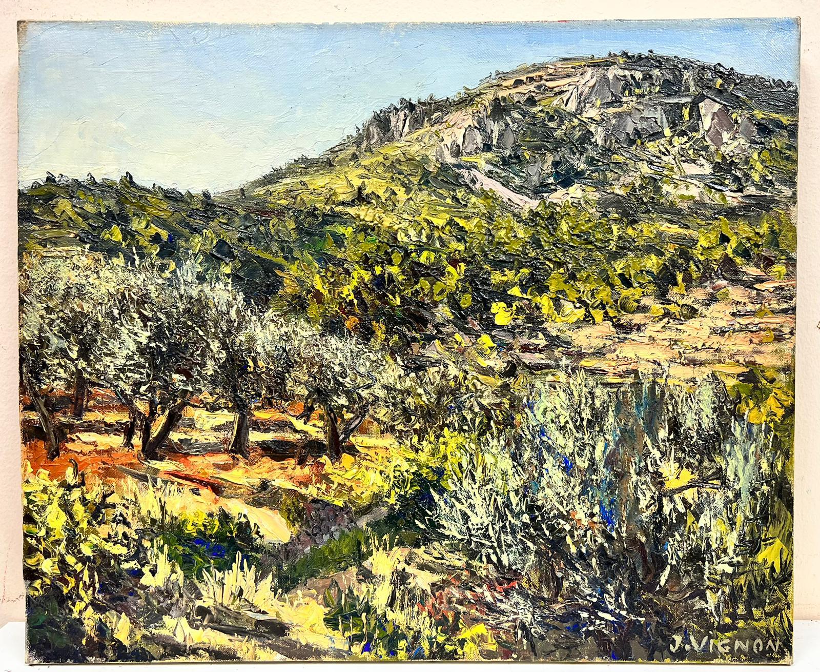 The Olive Grove
by Josine Vignon (French 1922-2022)
signed on front and back
oil painting on canvas, unframed

canvas: 15 x 18 inches

Colors: Green colors, black, brown, orange, grey and blue

Very good condition

Provenance: from the artists