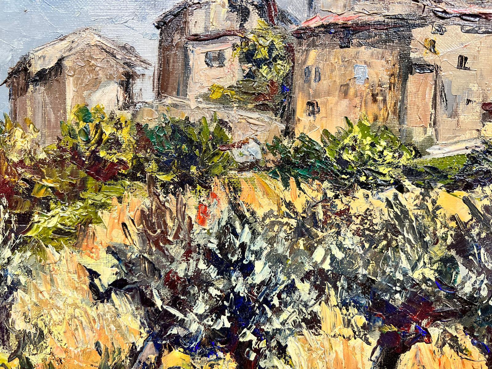 Huile post-impressionniste française d'oliviers dans un village de Provence, années 1960 - Painting de Josine Vignon