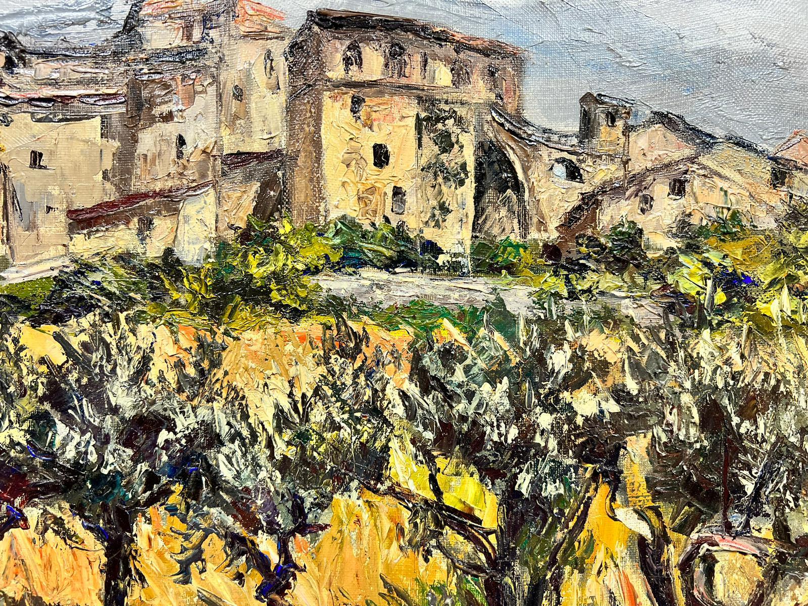 Huile post-impressionniste française d'oliviers dans un village de Provence, années 1960 - Post-impressionnisme Painting par Josine Vignon