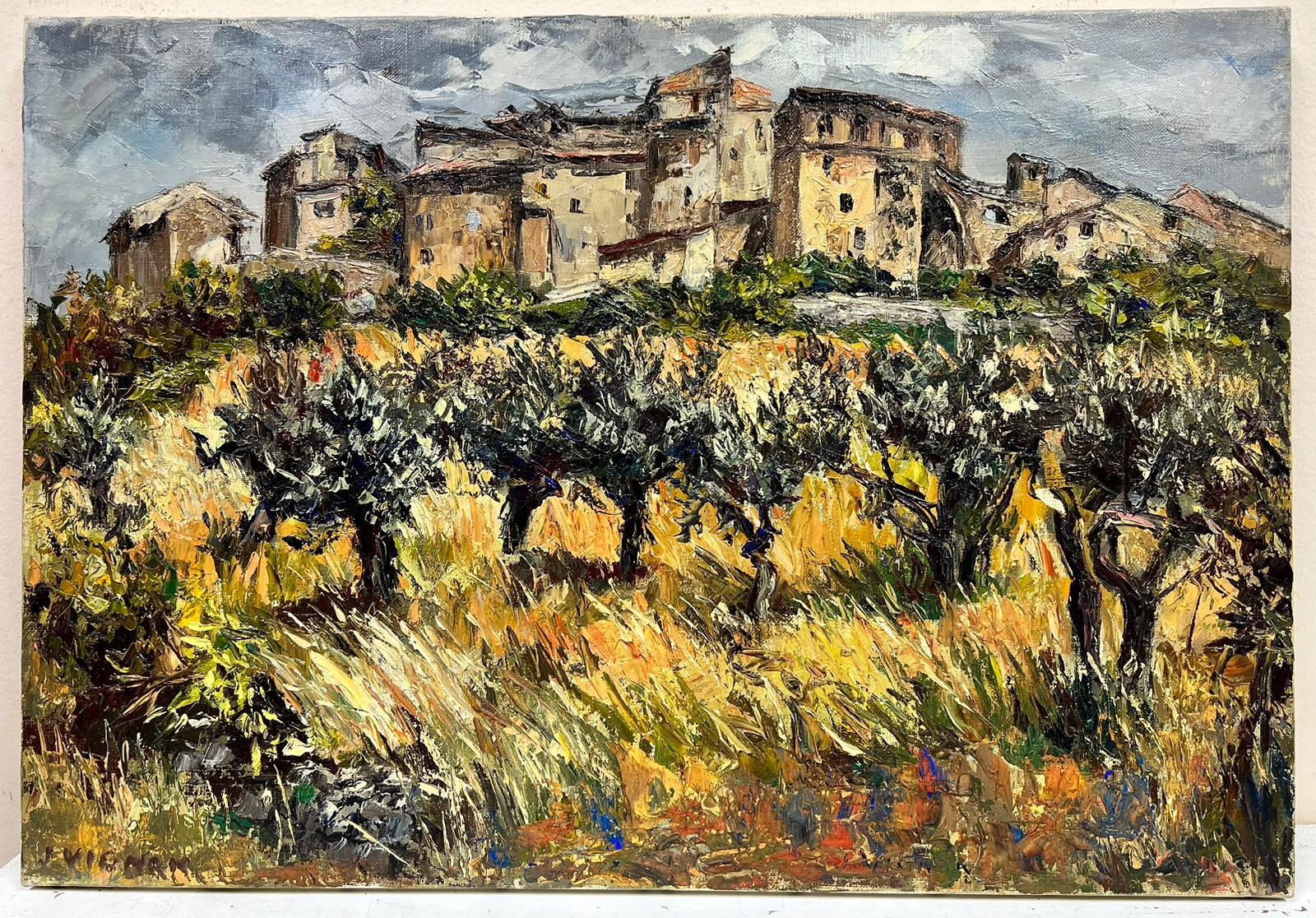 Provence Olive Groves
by Josine Vignon (French 1922-2022)
signed on front and back
oil painting on canvas, unframed

canvas: 15 x 21.5 inches

Colors: Green colors, black, brown, beige, grey and blue

Very good condition

Provenance: from the