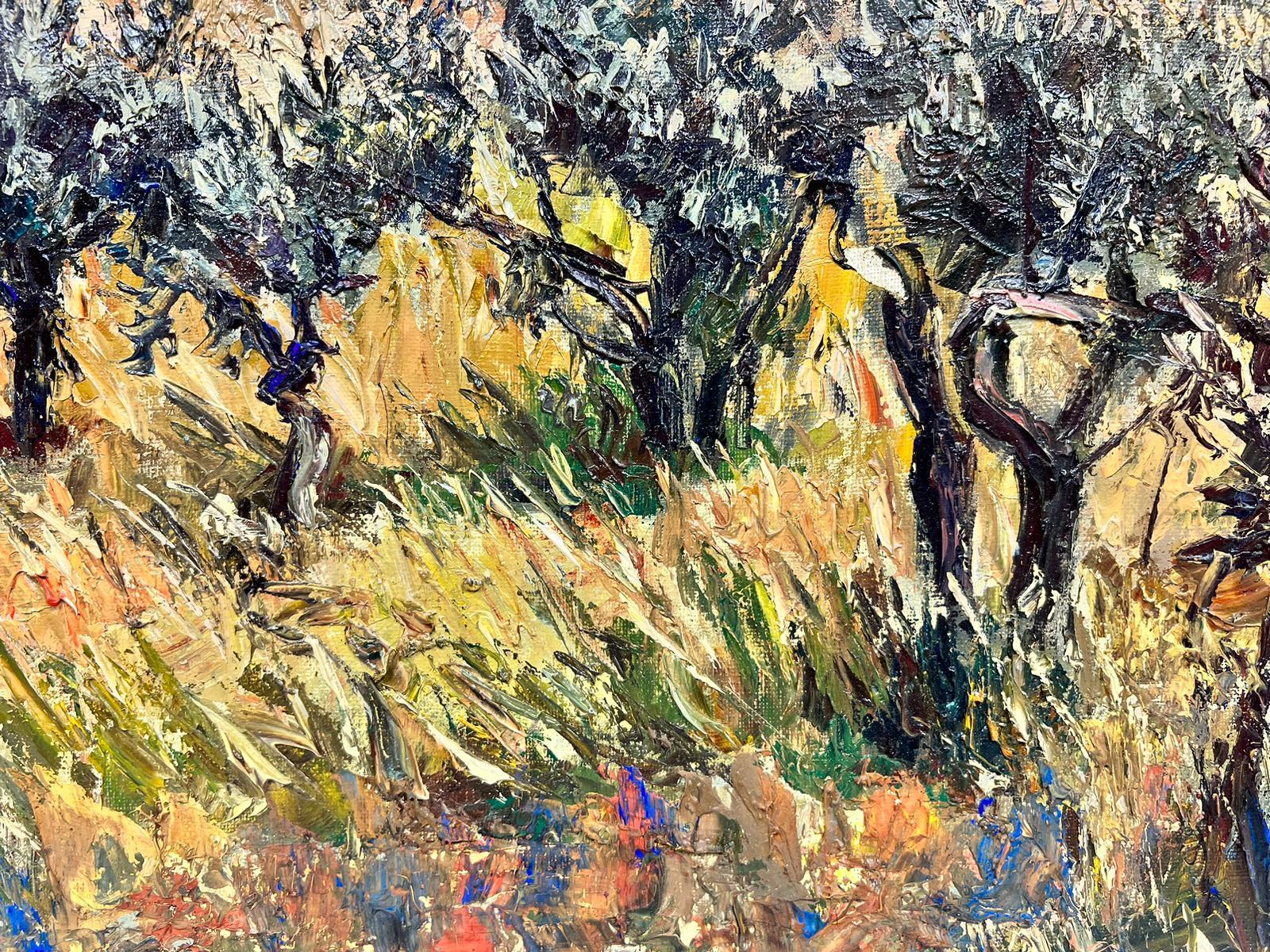 Huile post-impressionniste française d'oliviers dans un village de Provence, années 1960 en vente 1