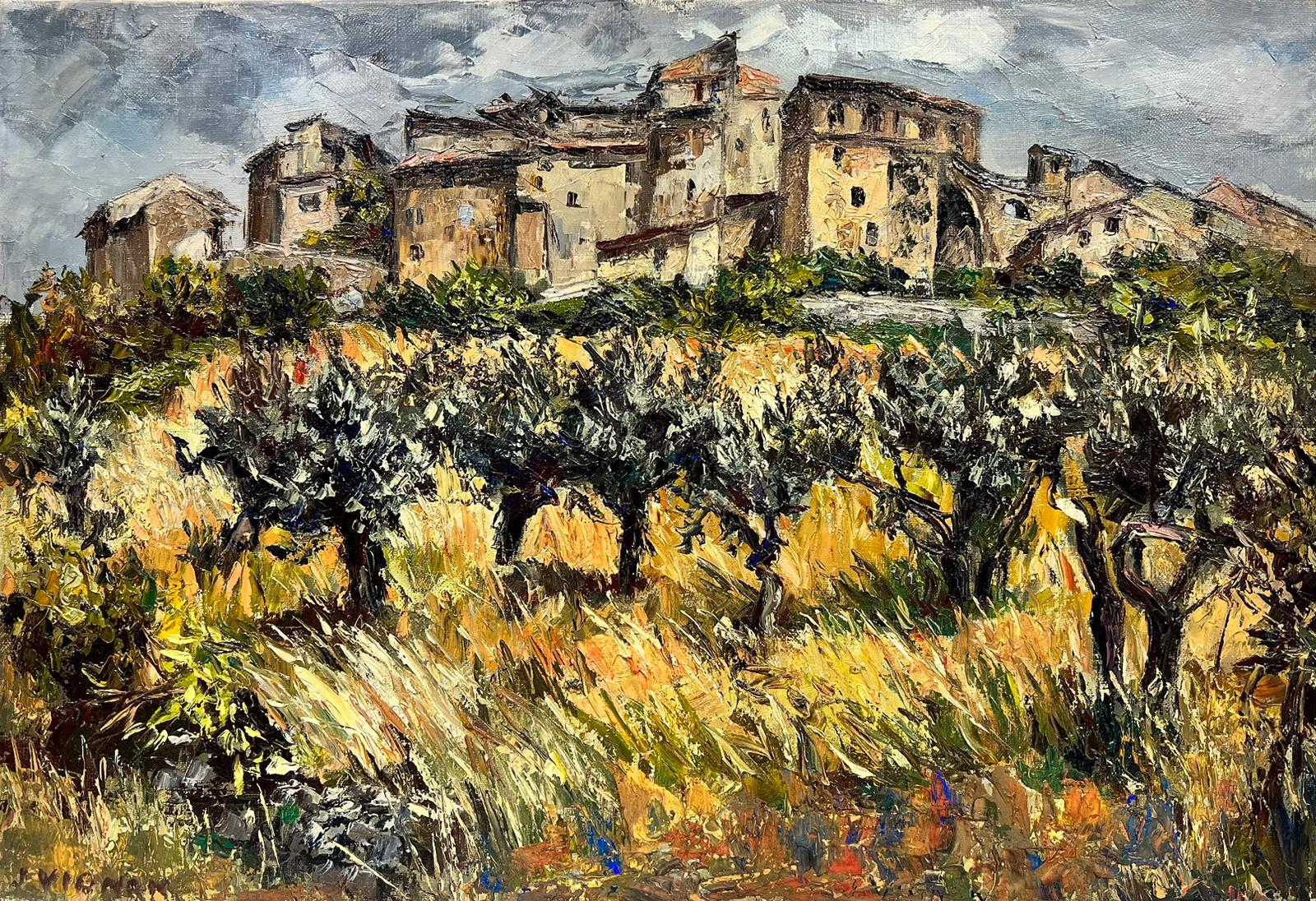 Landscape Painting Josine Vignon - Huile post-impressionniste française d'oliviers dans un village de Provence, années 1960