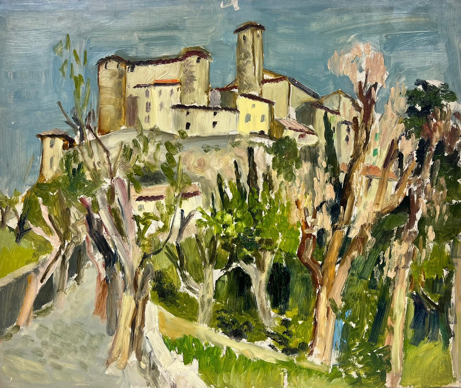 Landscape Painting Josine Vignon - Path d'arbres d'oliviers à la construction d'un paysage à l'huile épais