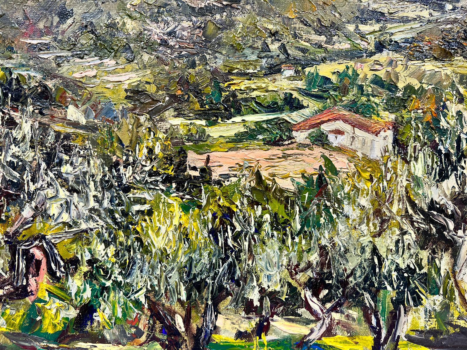 Olivi in Provenza Olio francese post impressionista firmato anni '60 - Landscape Painting Marrone di Josine Vignon