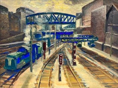 Peinture à l'huile post-impressionniste française des années 1960, Gare de Paris, couleurs bleues